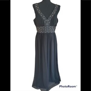 TESS black sleeveless gown with bead and sequin detail, chiffon overlay, sz 10.